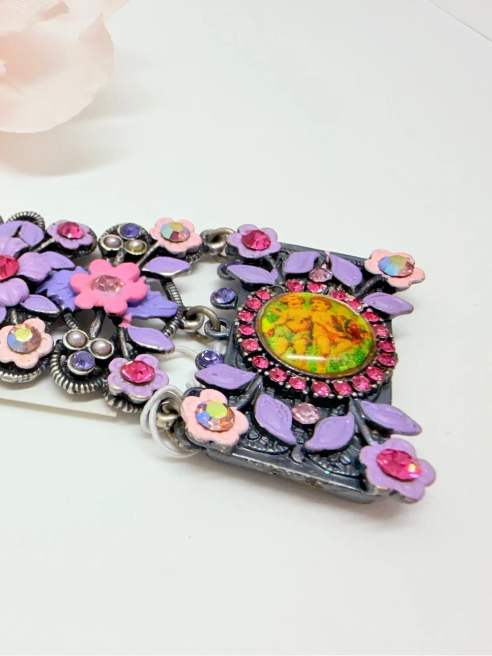 Vintage wide bracelet signet Michal Negrin,Silver purple flowers with crystal